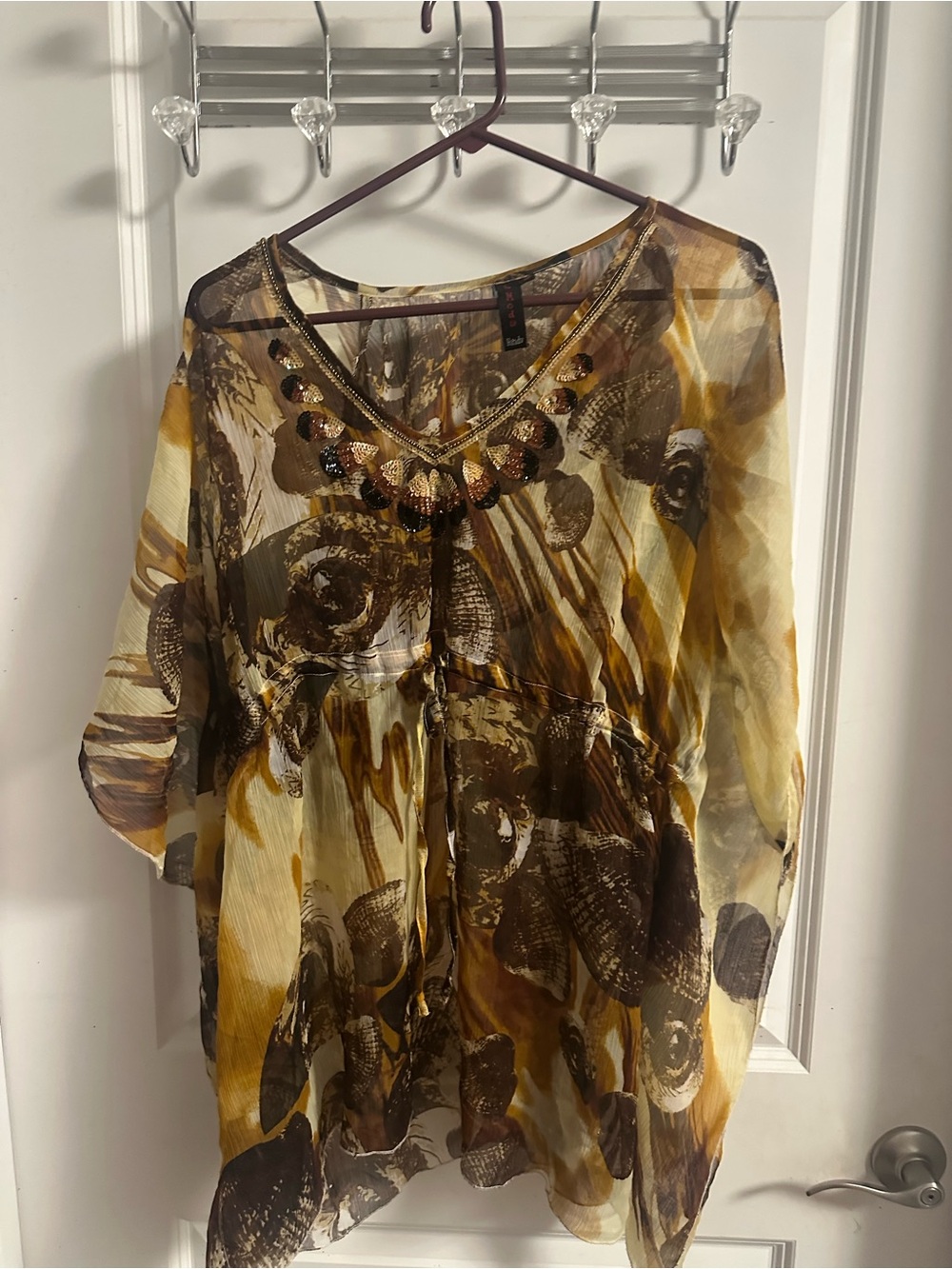 Sheer V-Neck Tunic with Bead Detail in Mustard and Brown